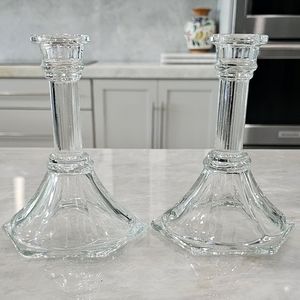 Set of 2 Clear Crystal Taper Candle Holders Exquisite Clean Modern Italian